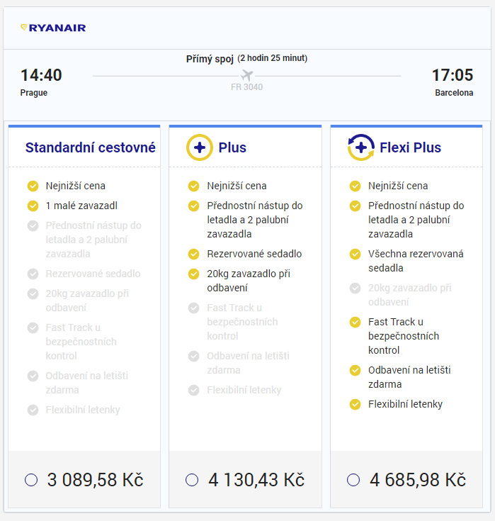 Možnosti letenek - RYANAIR